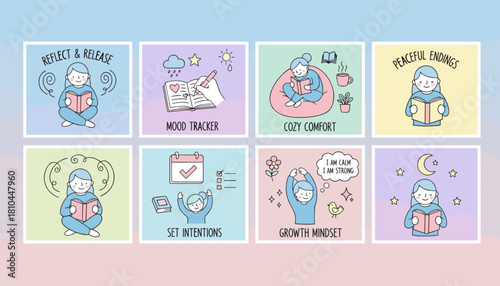 Set of cute selfcare illustrations growth mindset mood tracking intentions and peaceful relaxation
