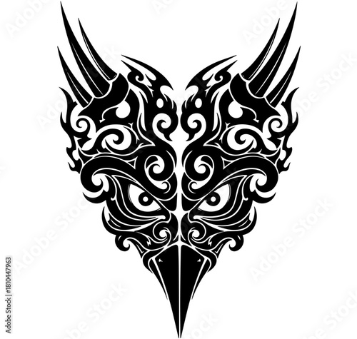 This striking black and white tribal art features a stylized owl face composed of aggressive swirls and sharp curves, with intense eyes and a pointed beak creating a fierce, symmetrical tattoo emblem
