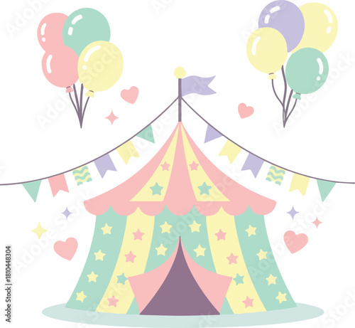 Cute Circus Tent Flat Design Vector - Pastel Carnival Party Illustration with Balloons