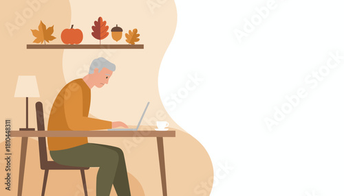 Focused senior man uses laptop in cozy autumn interior with fall decor Copy space included