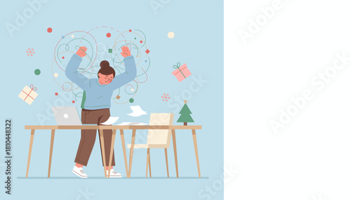 Burnout Stressed woman overwhelmed by work and holiday pressures at her chaotic office desk