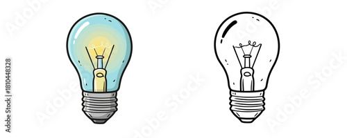 Set of classic light bulbs one is a bright colored illustration with a glowing filament and the other is a black outline sketch against a plain white background