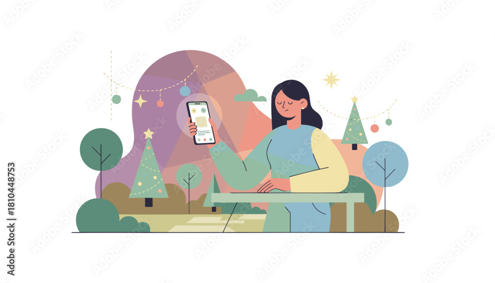 Obraz premium Vector illustration of woman using phone for holiday shopping or connecting