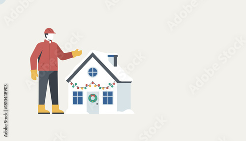 Technician in winter gear presenting a Christmas home maintenance or repair service