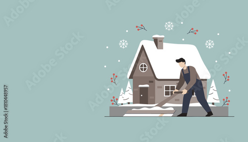 Man shoveling snow outside a cozy cabin Winter chores seasonal weather and home maintenance illustration