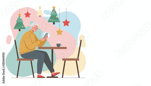Modern grandma checks phone at a festive winter cafe illustrating digital connection and holiday greetings