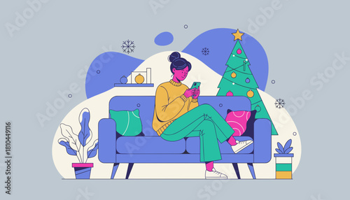 Woman relaxes on sofa using smartphone near Christmas tree Holiday season technology