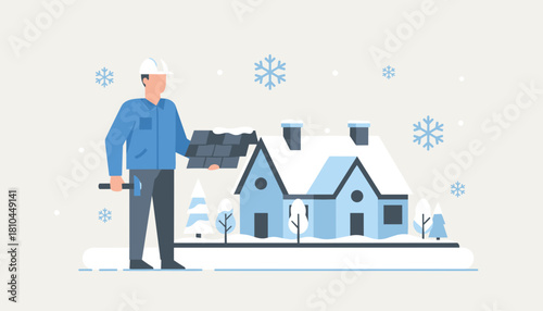 Contractor holding roofing shingles and hammer outside a snowy house Winter maintenance