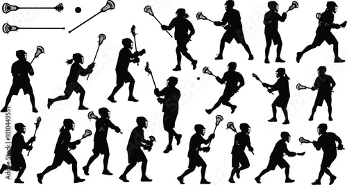 Lacrosse player silhouettes set, men and women sport action vector illustration isolated on white background, black athlete figures with stick and ball.