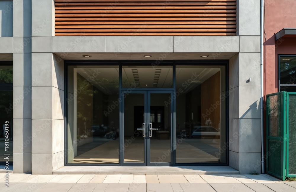 Obraz premium Storefront with big glass door is in sunlight. Building facade has wooden elements. Empty room is inside. Real estate market shows new opportunities for business.