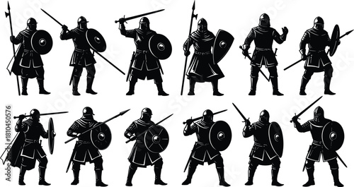 Medieval warrior silhouettes, vector set of knights, Viking, or ancient soldiers in various attack poses, wearing armor and holding sword, spear, and shield, isolated on white.