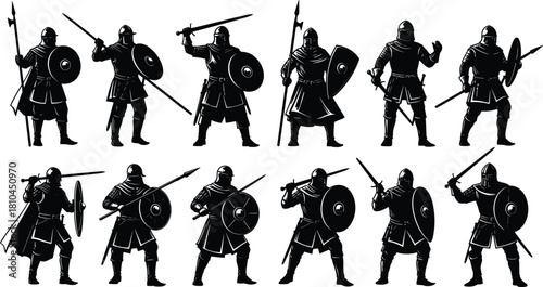 Medieval knight silhouette vector set, armored warrior collection with sword and shield, ancient soldier illustration isolated on white background, historical battle figures.