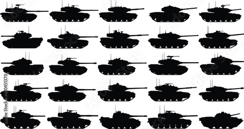 Military tank silhouette vector set, army battle vehicle collection, heavy war machine illustration isolated on white background, black armored transport icons.