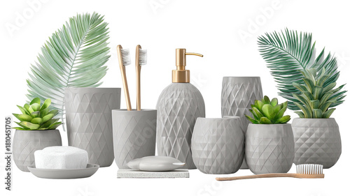 Bathroom accessories toothbrush, soap, greenery, and dispenser set up