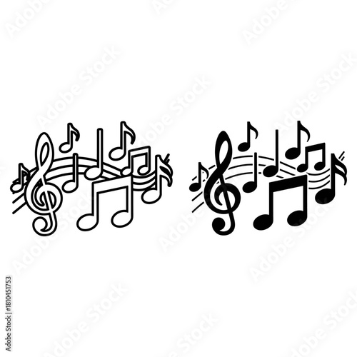 Musical notes with treble clef isolated on white background in black and white
