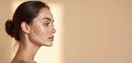 Young woman face with white lifting marks. Prepares for aesthetic medicine treatment, facial contouring, cosmetic procedure. Profile view on light background suggests beauty care, skin rejuvenation,