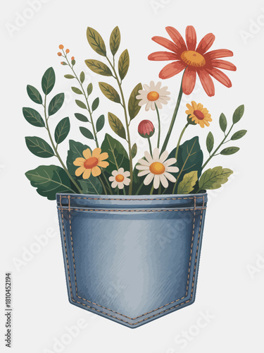 A delightful illustration of a floral arrangement in a denim pocket, presenting a blend of nature and fashion which adds a playful touch to lifestyle branding themes.