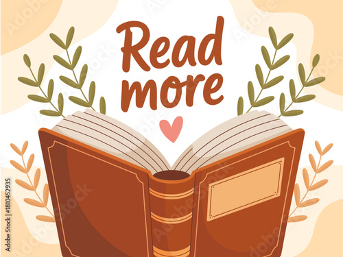 A charming illustration featuring an open book with the phrase 'Read More', radiating a sense of warmth and encouraging the love for reading and exploration of stories.