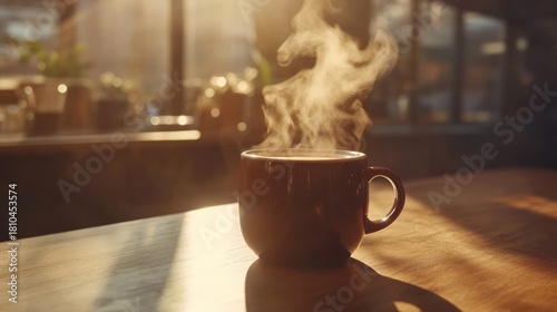 Warm coffee mug in sunlit cafe
