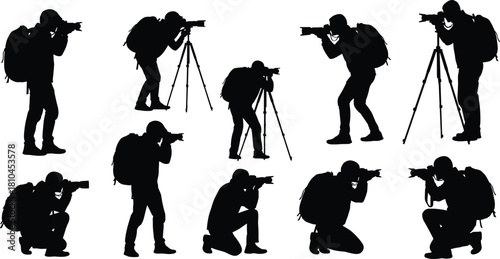 Photographer silhouette vector set, man with camera and backpack taking photos, standing and kneeling poses, tripod equipment illustration isolated on white background.
