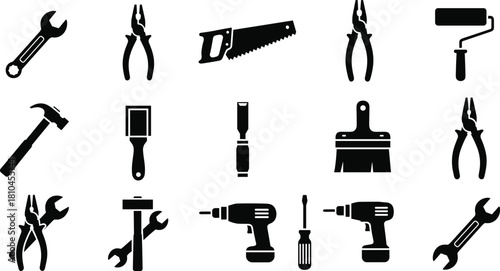 Repair and construction tools silhouettes, vector set including wrench, saw, hammer, pliers, screwdriver, drill, paint brush, and roller, isolated black icons on white background.