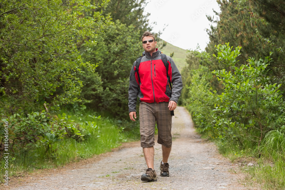 Fototapeta premium Man walking gravel trail through woods, wearing red-gray jacket, hiking shoes, backpack, sunglasses