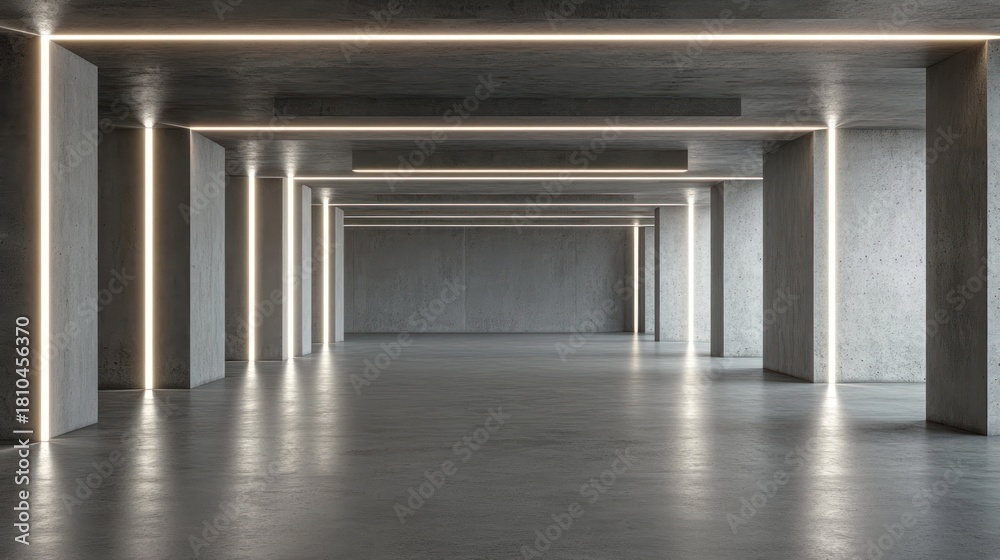 Obraz premium Empty modern concrete hallway with glowing lines