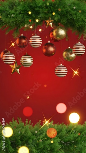 Festive Christmas Ornaments and Pine Garland on Red Background