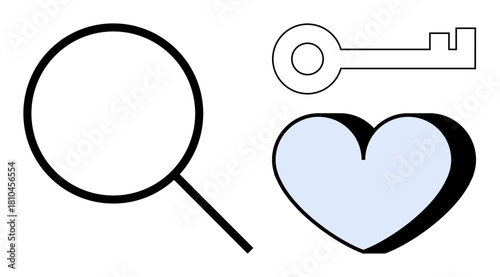 Magnifying glass, key, and heart in minimalist style. Ideal for exploration, security, love, connection, insight, trust discovery metaphor simple flat metaphor