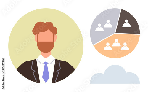 Businessperson portrait paired with segmented pie chart displaying team dynamics and cloud icon. Ideal for leadership, teamwork, collaboration, analytics, data sharing, organization, communication
