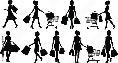 Shopping women silhouettes, black vector set of happy female shoppers carrying bags and pushing carts, consumerism, retail, and fashion concept icons isolated on white background.