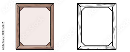 Set of square wooden frames for a canvas one is a colored illustration with shading and the other is a black outline sketch against a plain white background