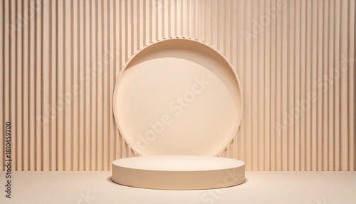 3D beige cylindrical podium pedestal background with vertical pattern wall scene. Pastel minimal mockup or abstract product display presentation, Stage showcase. Platforms vector geometric design.