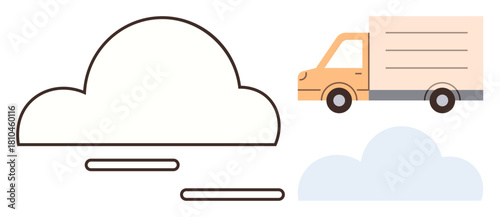 Cloud outline paired with delivery truck symbolizing data storage, transfer, and digital service logistics. Ideal for cloud computing, technology, internet services, delivery, storage, networking