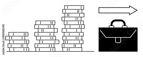 Stacks of coins rising in height with an arrow pointing to a briefcase, symbolizing profit, investment, success, savings, income, business strategy, and career advancement. A simple flat metaphor