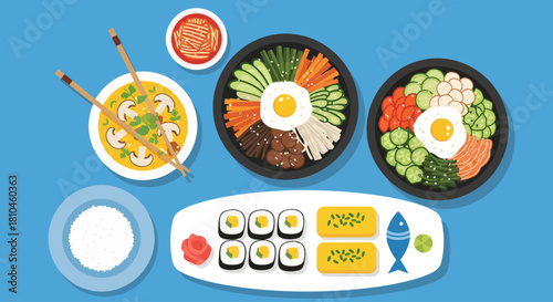 A vibrant flat-lay vector illustration of an Asian feast, featuring bibimbap bowls topped with fried eggs, mushroom soup with chopsticks, and a sushi platter arranged on a bright blue background