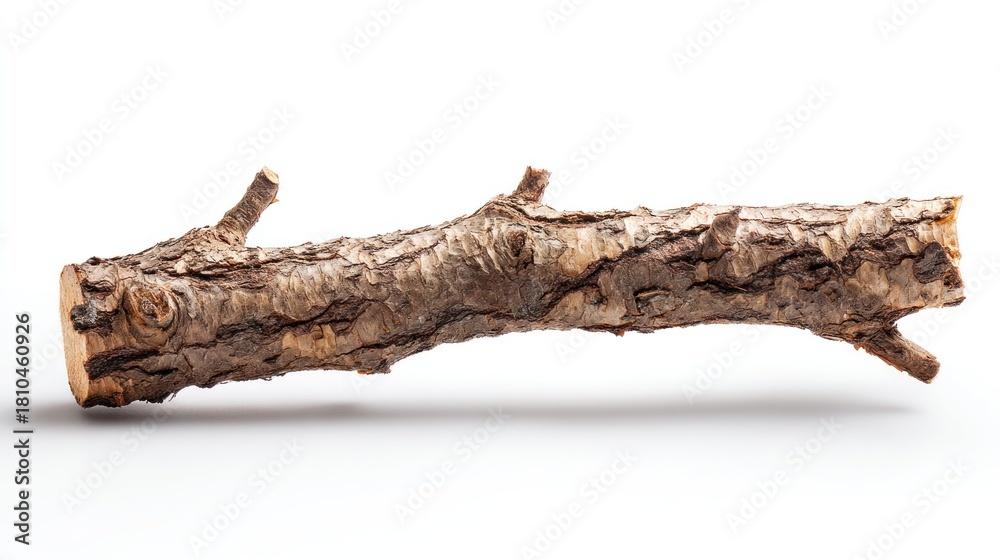 Fototapeta premium A small, cut section of tree branch with bark texture shown horizontally against a white backdrop