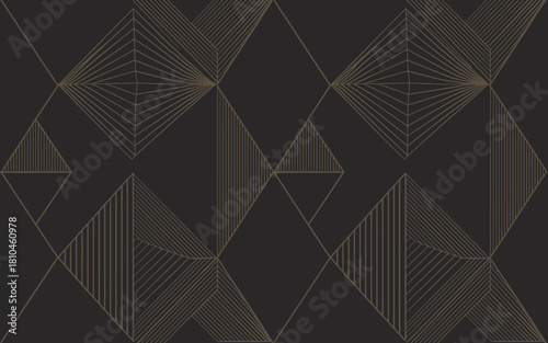 This geometric art features elegant black and gold lines converging in a modern abstract design, perfect for contemporary decor or artistic collections.