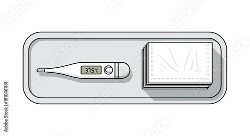 Digital thermometer and tissue napkins on medical tray for flu treatment and healthcare design