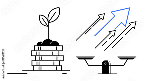 Young plant on stacked coins for growth, arrows showing upward progress, and balanced scale symbolizing fairness. Ideal for finance, investment, savings, growth, equity, balance and sustainability