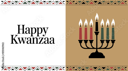 Happy Kwanzaa greeting card poster, featuring traditional Kinara candles and greeting text, vector illustration, minimalist, modern yet traditional style, clean design.
