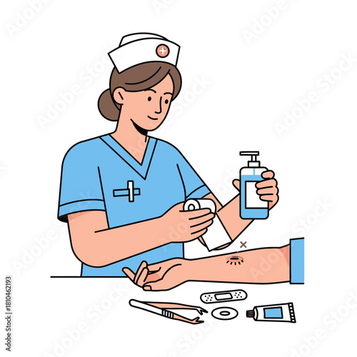 Nurse Administering First Aid and Wound Care Illustration