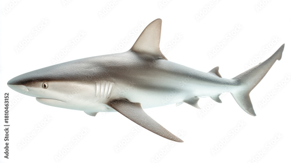 Obraz premium A sleek, gray marine predator, seen in profile against white, reveals fins, gills, and a pointed snout. The dorsal fin is prominent