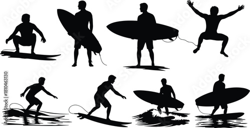 Surfer silhouettes vector set, men surfing on waves, holding surfboard, jumping, and riding, active water sports, ocean summer vacation and beach lifestyle concept illustration.