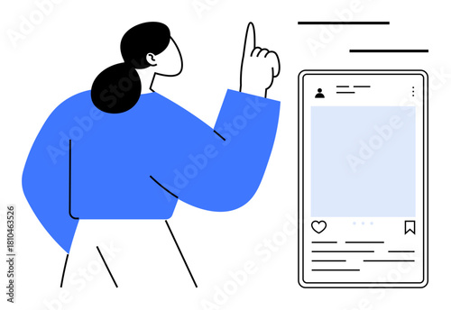 Woman engaging with a smartphone screen displaying a social media post interface. Ideal for concepts of social media, communication, content sharing, technology, connectivity, interaction, simple
