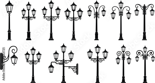 Vintage street lamp silhouette vector set, retro lantern collection, old city light post illustration isolated on white background, black garden decoration icons.