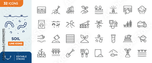 Soil line editable icon set. Contain icons related to Soil, ground, field, farming, and more. editable stroke. Vector illustration
