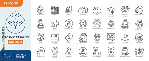 Organic Farming icon set. Contain icons related to Organic farm product, vegan, and more. editable stroke. Vector illustration