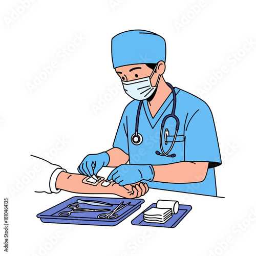 Surgical Doctor Applying Wound Dressing Illustration
