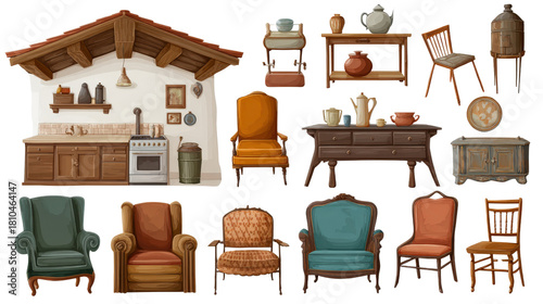 Rustic Farmhouse Interiors: Cozy rustic farmhouse interiors with vintage furniture, wooden beams, and warm tones, isolated on a Transparent background, PNG file.